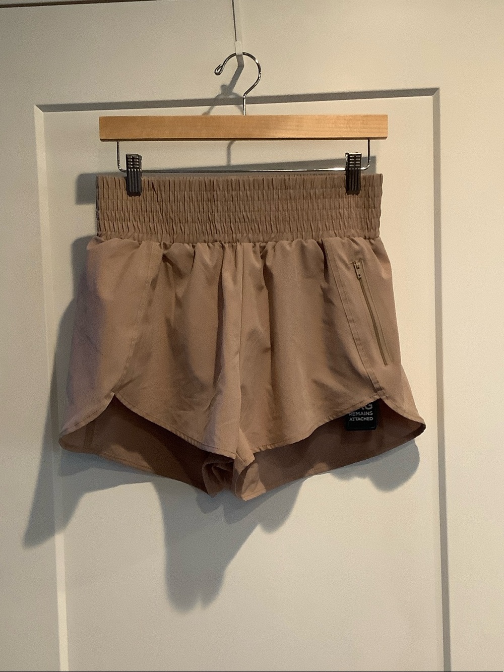Smocked Waist Athletic Shorts in Taupe